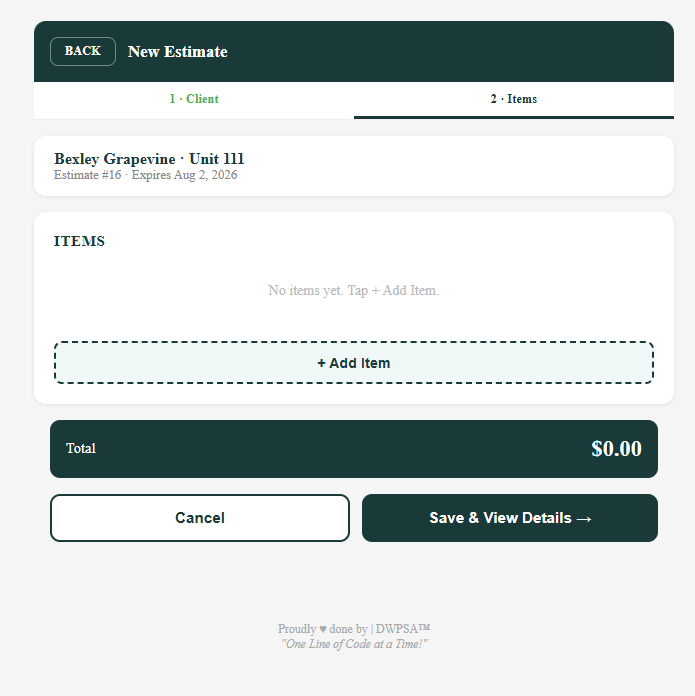 Add items to an estimate on mobile