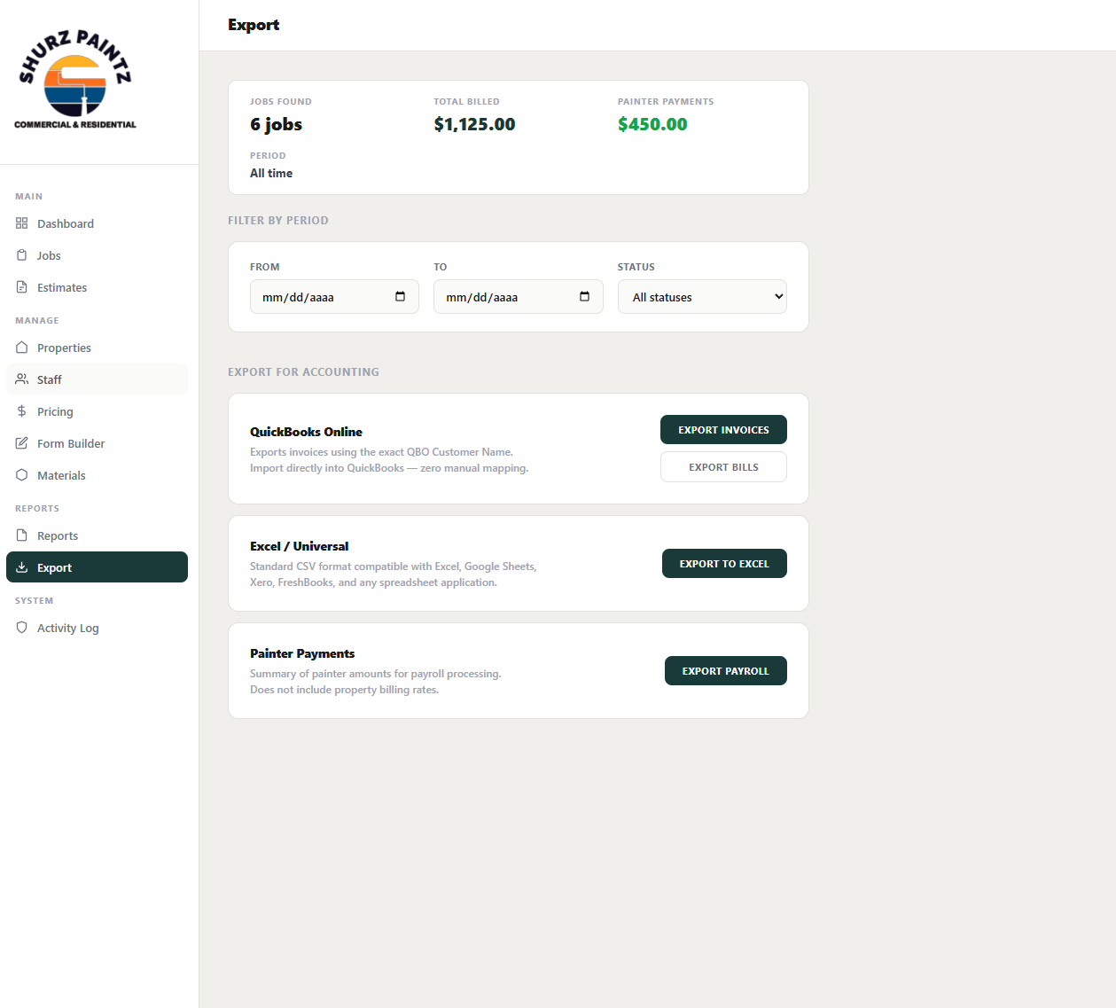 Export screen