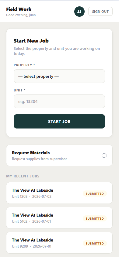Field Work start a job screen