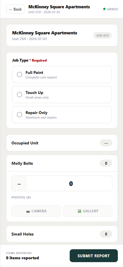 Job report checklist screen