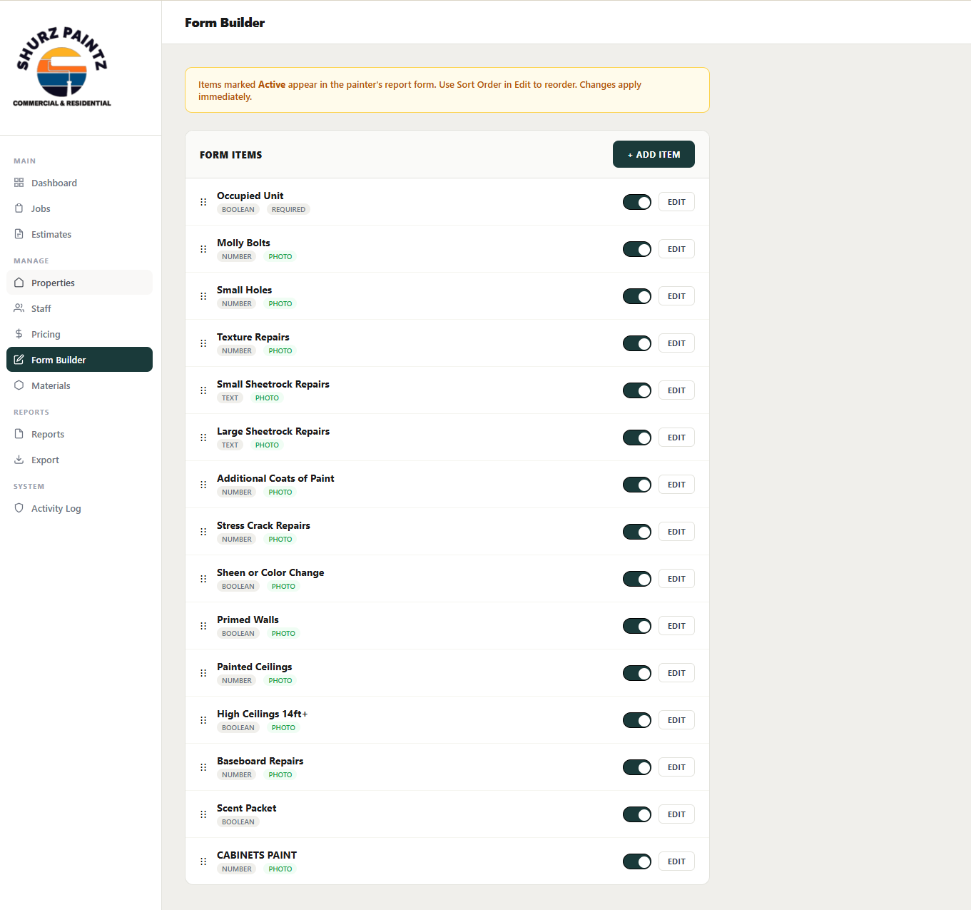 Form builder screen