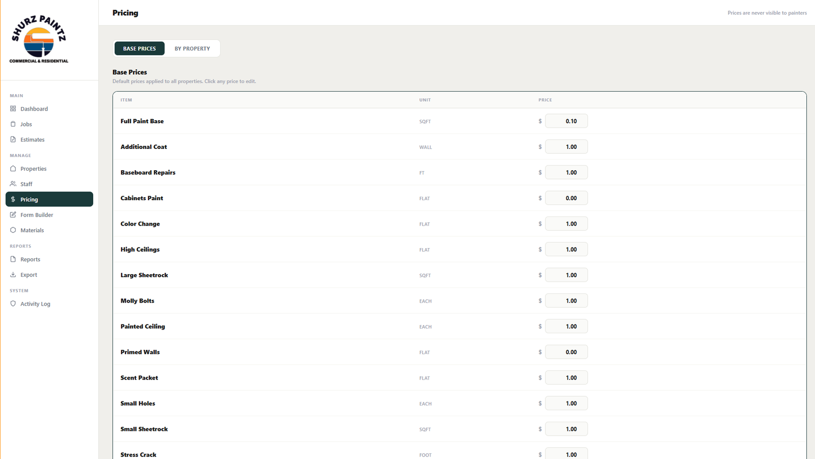 Pricing screen