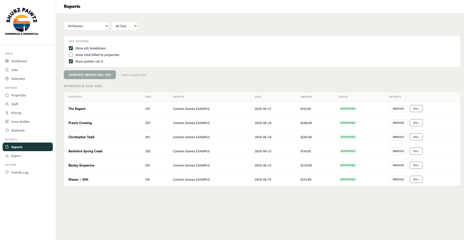 Reports screen