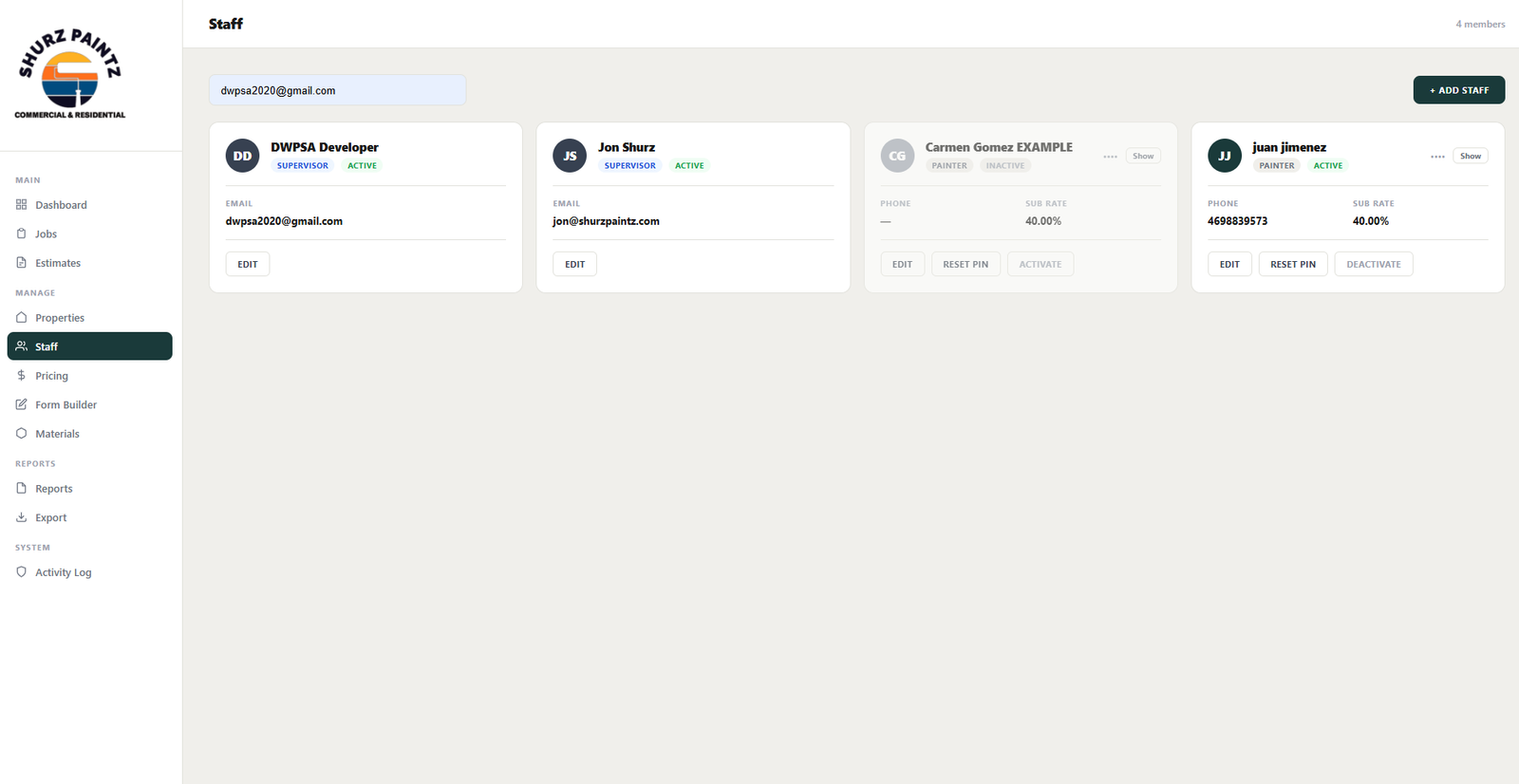 Staff and roles screen